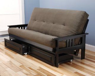 Woodbury Full Size Futon Sofa and Drawer Set, Black Painted Hardwood Frame And Soft Suede Innerspring Mattress, Olive  