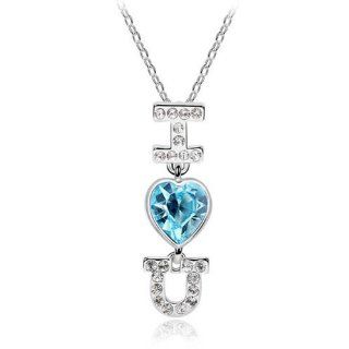 I Heart You Jewelry Pendant Necklace (I ❤ U) Turquoise Aqua Crystal Heart 18kplated silver Platinum Plated Cz Crystals Pendant Love Necklacememorable I Love You Message for That Special Loved One, Pendant Necklace Arrives in Gift Box Jewelry