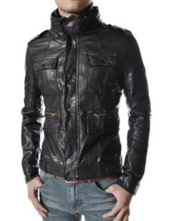 TheLees Mens Slim Fit High Neck Wire Inside Synthetic Leather Jacket at  Mens Clothing store Faux Leather Outerwear Jackets