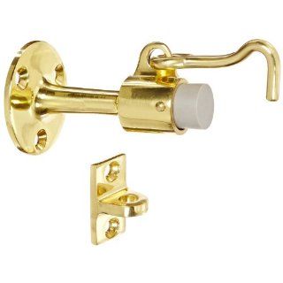 Rockwood 476.3 Brass Door Stop with Keeper, #12 x 1 1/4" FH WS Fastener with Plastic Anchor, 2 1/4" Base Diameter x 3 3/4" Height, Polished Clear Coated Finish