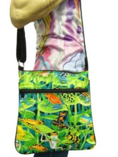 US HANDMADE FASHION frogs in Jungle Tropical Print Cross Over Body Shoulder Bag Style Handbag Purse Alexander Henry Cotton Fabric, CSOP5272 Clothing