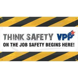 Accuform Signs MBR478 Reinforced Vinyl Motivational VPP Banner "THINK SAFETY ON THE JOB SAFETY BEGINS HERE" with Metal Grommets, 28" Width x 4' Length, Black/Yellow/Gray on White Industrial Warning Signs