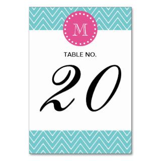 Hot Pink, Teal Blue Chevron  Your Monogram Table Cards