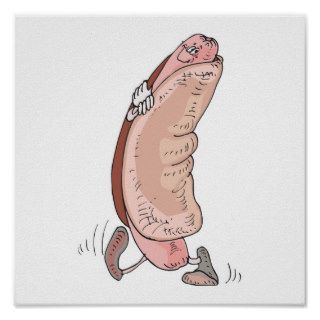 silly hot dog in bun cartoon character poster