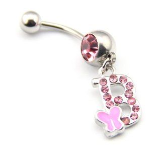 316L Surgical Steel 14 Guage Letter B Dangle Cute Pink Gem Crystal Navel Belly Bar Ring Stud Button Fashion Girl Women Body Piercing Jewelry 14G 1.6mm 7/16 Inch Size Belly Ring With B Jewelry