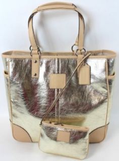Coach 26141E Gold Metallic Leather Tote & Wristlet Retail $498 Top Handle Handbags Shoes