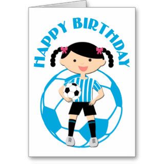 Soccer Girl 2 and Ball Blue and White Stripes Greeting Cards