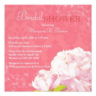 Unique Peony Theme Coral Pink Bridal Shower Invite