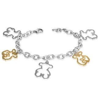 Stainless Steel 2 tone Cut out Teddy Bear Charm Link Chain Bracelet Jewelry