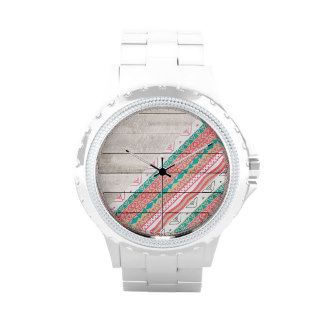 Andes Tribal Aztec Coral Teal Chevron Wood Pattern Wrist Watch