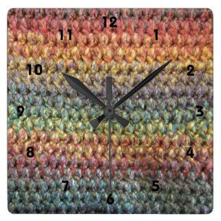 Multicolored striped knitted crochet square wall clocks