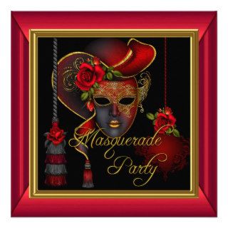 Masquerade Party Red Masks Gold Black Birthday Personalized Invitations
