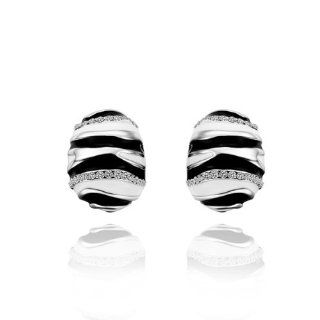 18K White Gold Plated Crystal Accent Black and White Enamel Striped Oval Stud Earrings Jewelry