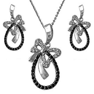 Designer Bow Black & White Cz Pendant Necklace & Earring Jewelry Set Solid .925 Sterling Silver Jewelry