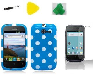 Huawei Ascend Y M866 H866C Blue Polka Dot Faceplate Phone Case Cover + Stylus Pen + Screen Protector + Yellow Pry Tool + Extreme Band Cell Phone Accessory Cell Phones & Accessories
