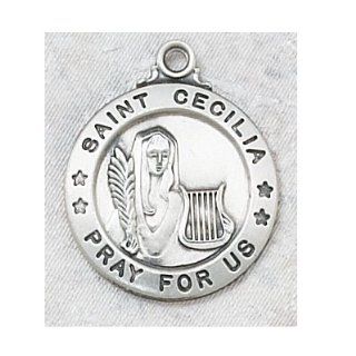 Sterling Silver St. Cecilia Medal Round with 20" Rhodium Chain in Gift Box, Catholic Saint Cecilia Patron Saint of Musicians, Music, Music Players, Composers, Vocalists Chain Necklaces Jewelry