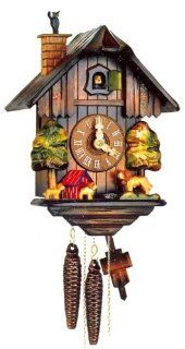 Original One Day Movement Cuckoo Clock with Moving Chimney Cat and Dog Bernhard 11 Inch  