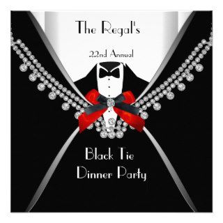 Black Tie Dinner White Red Bow Party 2 Personalized Invite