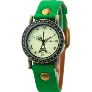 Fashion Newest Style Retro Lady Quartz Watch Pointer Display Leather Strap Paris Eiffel Tower Dial Design WA504 Green Color Watches
