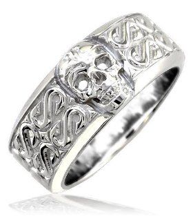Mens or Ladies Wide Skull Ring, Wedding Band with S Pattern, 9mm in Sterling Silver Sziro Jewelry