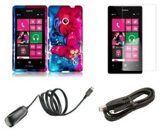 Nokia Lumia 521 / 520   Accessory Combo Kit   Blue and Red Butterfly Design Shield Case + Atom LED Keychain Light + Screen Protector + Micro USB Cable + Wall Charger Cell Phones & Accessories