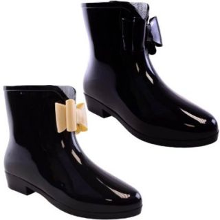 Ladies Womens Wellington Ankle Boots Wellies Rain Snow Winter   Black Rubber with Black Bow Shoes