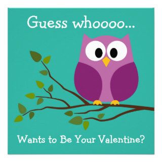 Kids Valentines Day Card with Cute Cartoon Owl Personalized Invitation