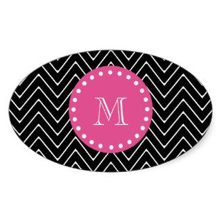 Hot Pink, Black and White Chevron  Your Monogram Oval Sticker