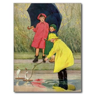 Vintage Children Playing Puddles Toy Boats Rain Post Cards