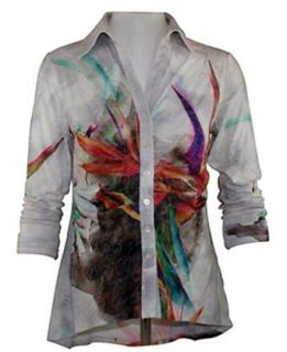 Boho Chic Clothing   Bird of Paradise, Overlay Print, Decorative Asymmetric hem with Button Front, Multi Colored Womens Fashion Top Blouses