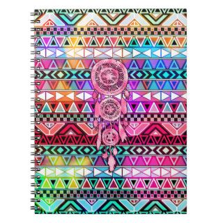 Hipster Pink Dreamcatcher Neon Andes Aztec Pattern Spiral Notebooks
