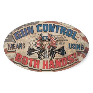 Gun Control Means Two Hands Retro Oval Sticker