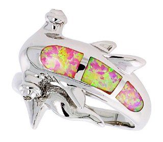 14K White Gold Plated Sterling Silver Synthetic Pink Opal Hammerhead Shark Ring For Women 19MM ( Size 6 to 9) Jewelry