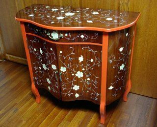 Mother of Pearl Inlay Lacquered Arabesque Flower Design Wood Cherry Color Drawer Hall Console TV Stand Sofa Table   Jewelry Chests
