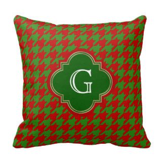 Classic Red Green Houndstooth With Monogram Xmas Throw Pillow