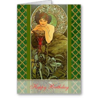 Mucha ~ "Precious Stones   Emerald" May Birthday Greeting Cards
