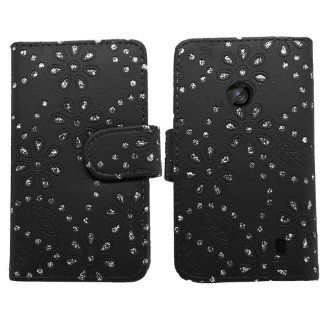 SAMRICK   Nokia Lumia 520   Bling Diamante Floral Flowers Executive Specially Designed Soft Leather Book Wallet Case With Credit Card/Business Card Holder   Black Cell Phones & Accessories