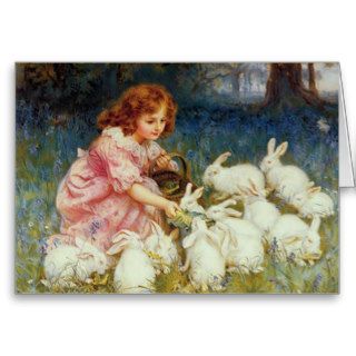 Girl feeding Rabbits Card