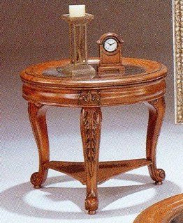 Hand Carved Wood w/Glass Top Round Occasional End Table  