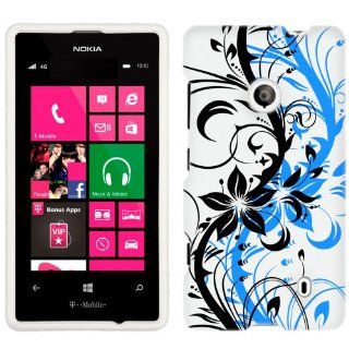 Nokia Lumia 521 White and Blue with Black Flower Phone Case Cover Cell Phones & Accessories