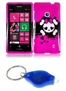 Hot Pink Bow Skull Design Shield Case + Atom LED Keychain Light for Nokia Lumia 521 / 520 Cell Phones & Accessories