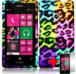 Nokia Lumia 521 (T Mobile) 2 Piece Snap on Rubberized Image Case Cover, Black Cheetah Spots MultiColor Squares + LCD Clear Screen Saver Protector Cell Phones & Accessories