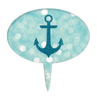 Aqua Bokeh Nautical Glitter Anchor Cake Topper