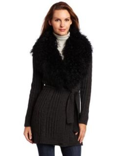 525 America Women's Mongolian Lamb Fur Collar Rib Cardigan, Charcoal/Black, Medium Cardigan Sweaters