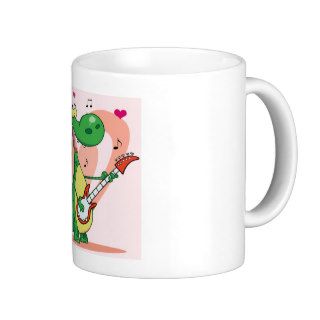 Dinosaur Plays Guitar with Hearts Background Mugs
