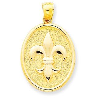 14K Yellow Gold Fleur De Lis on Oval Disk Charm Pendant 30mmx20mm Jewelry
