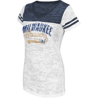 G III Womens Milwaukee Brewers Burnout Logo V Neck Short Sleeve T Shirt   Size