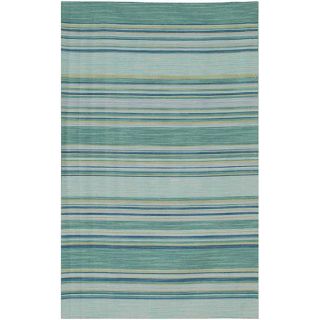 Flat Woven Green Striped Wool Rug (10 X 14)