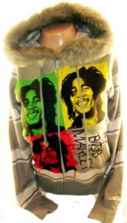 Bob Marley Girls Hoodie   Jamaca Color Faces on Gray and White with Faux Fur Rimmed Hood (X Small) Clothing