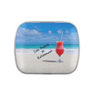 Life Begins at Retirement Frosty Drink on Beach Jelly Belly Tin